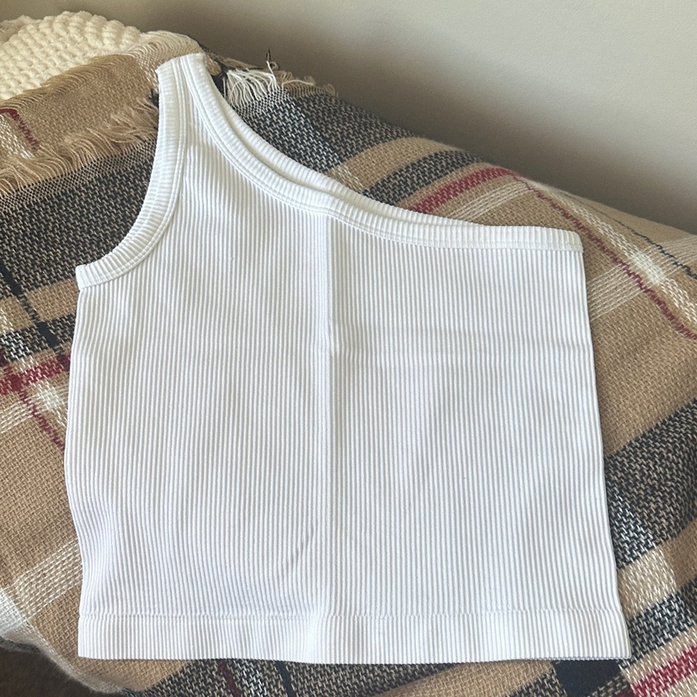 White Ribbed One-Shoulder Crop Top
